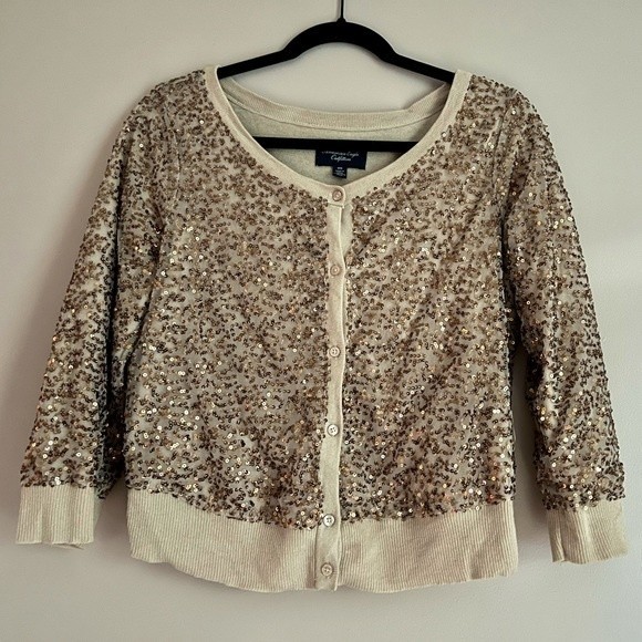 AMERICAN EAGLE OUTFITTERS Rose Gold Sequin Cardigan 3/4 Sleeve Medium Sweater - Picture 2 of 12